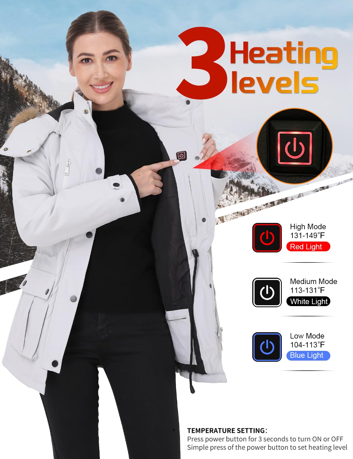 Muroly heated jacket battery life in use powering extended warmth during outdoor activity.