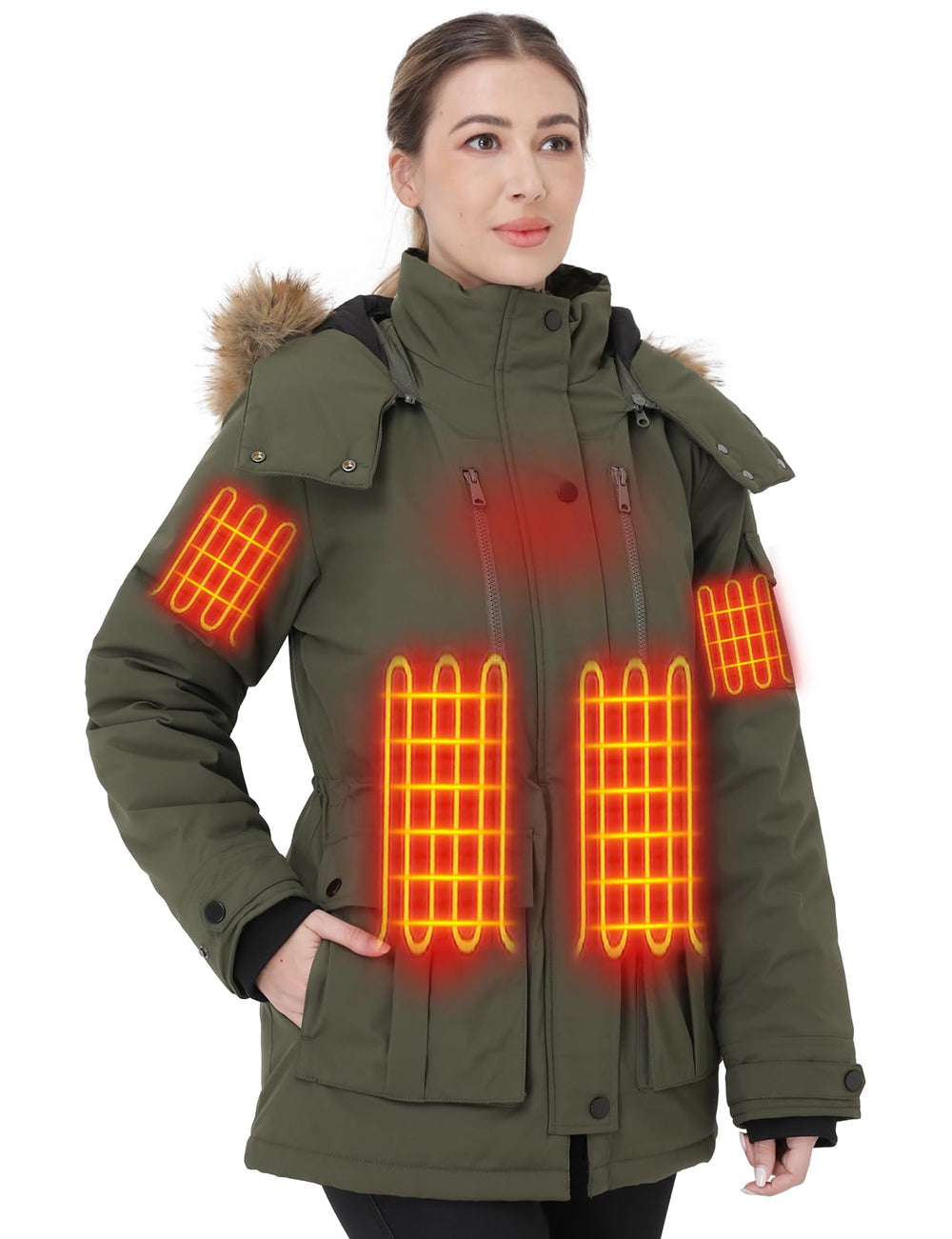 Muroly heated jacket showing core heat zones delivering all-around warmth