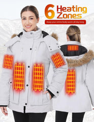 Muroly heated jacket side view showing detachable hood for versatile weather protection.