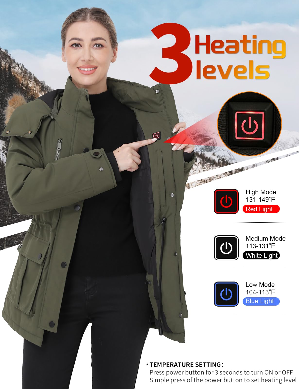 Muroly heated jacket with faux fur collar adds stylish warmth and protection.