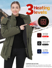Muroly heated jacket with faux fur collar adds stylish warmth and protection.