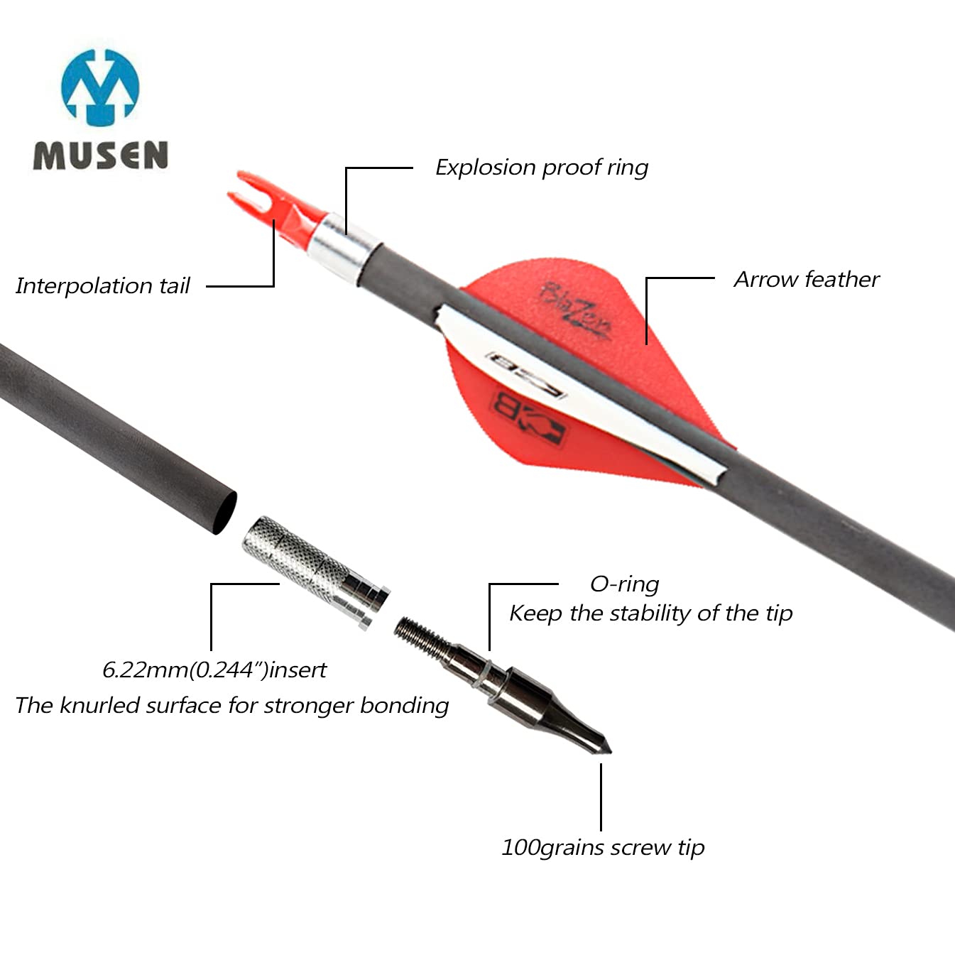 Musen Pure Carbon 30-inch arrows SP400 spine with adjustable inserts