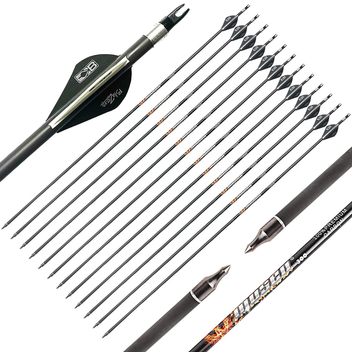 Musen Pure Carbon Arrows 30in shaft closeup shows lightweight precision for accurate shots.