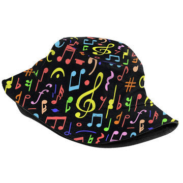 Unisex music-themed bucket hat worn by a person