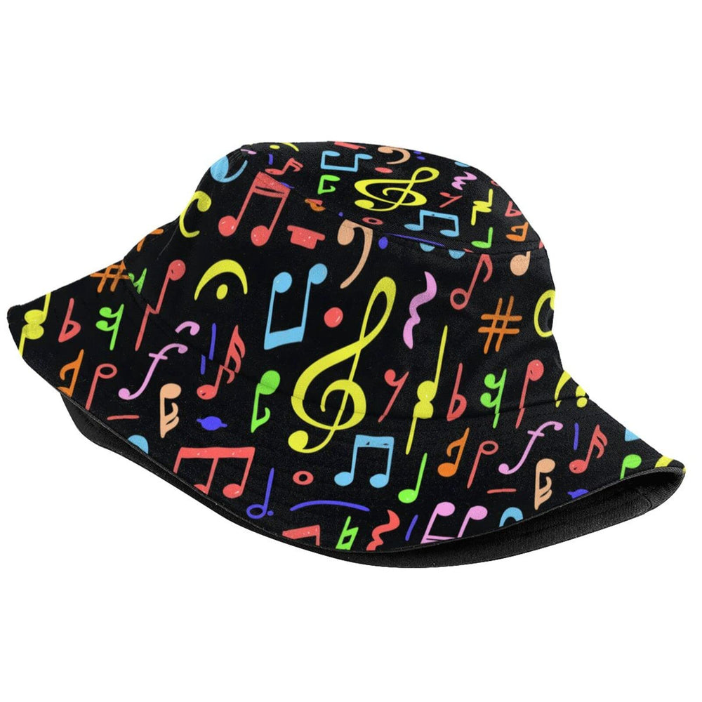 Unisex music-themed bucket hat worn by a person