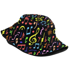 Unisex music-themed bucket hat worn by a person
