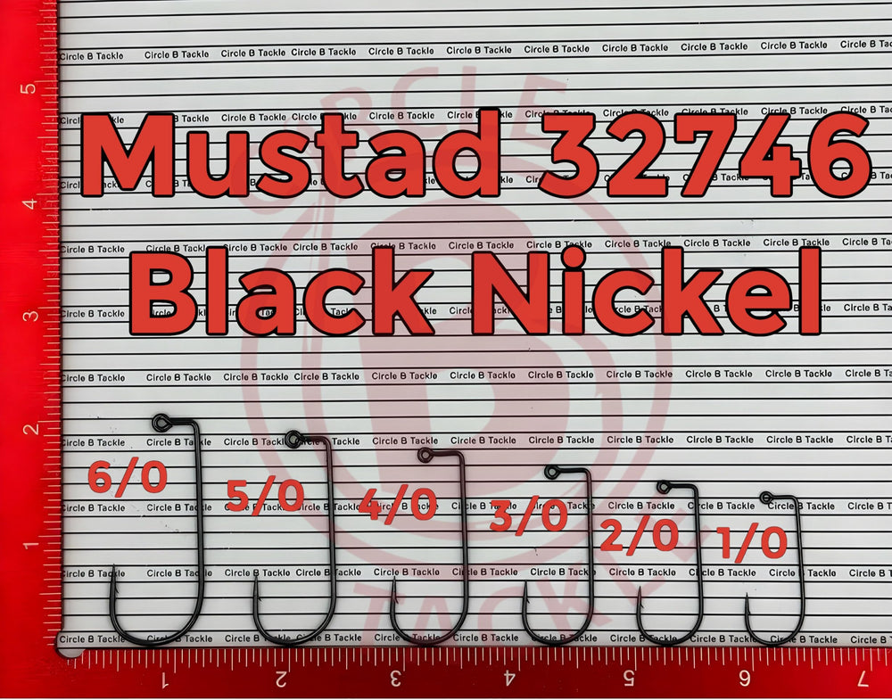 Mustad 32746 BN round bend jig hook enhances strike pickup and jig alignment.