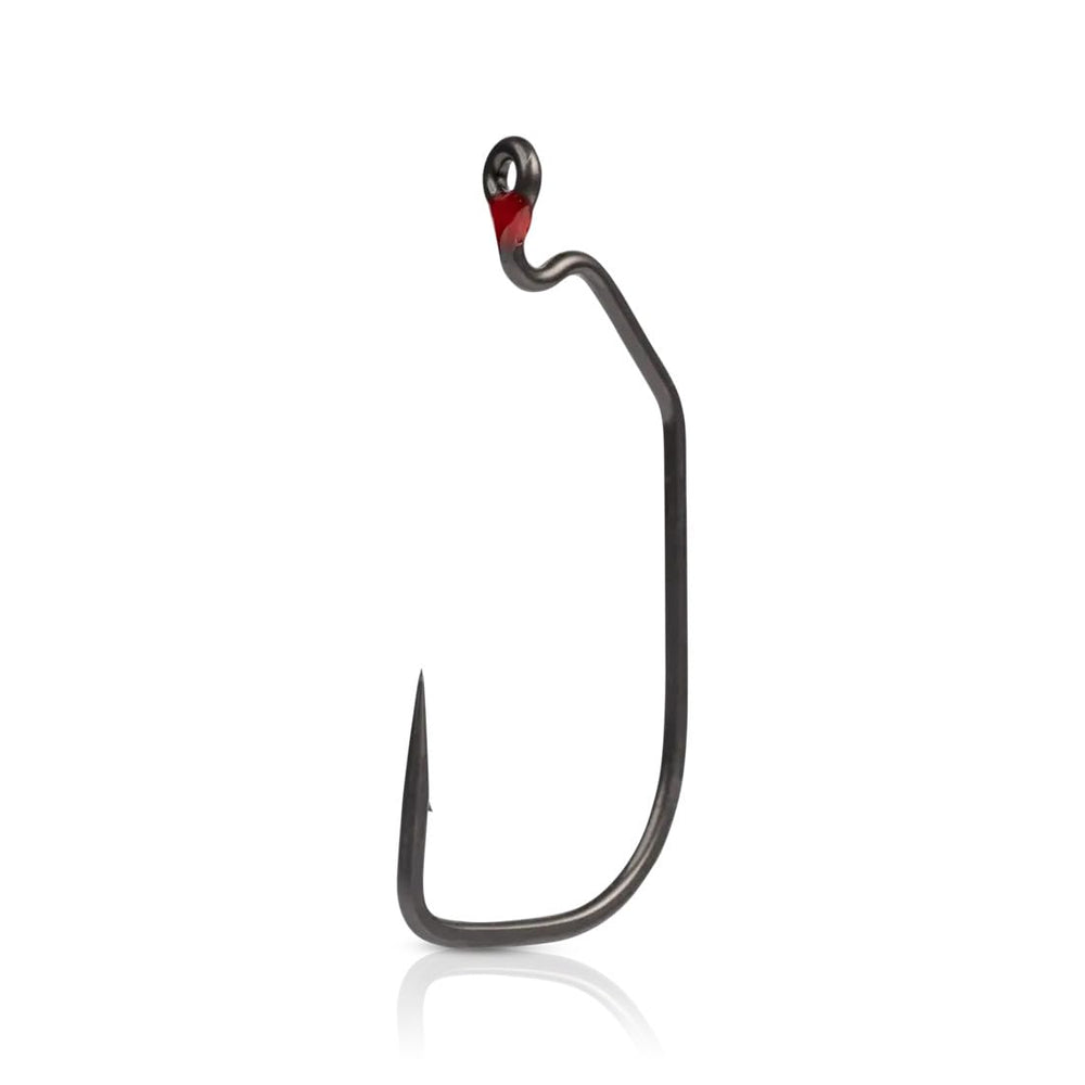 Mustad AlphaPoint Assault hook in hand shows precision size 2/0 for versatility.