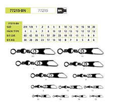Mustad barrel swivel with safety snap, black size 2, for quick lure changes.