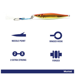 Mustad Daggerman Jig orange-gold 200g hook-detail highlights Ultrapoint reliability for secure strikes.