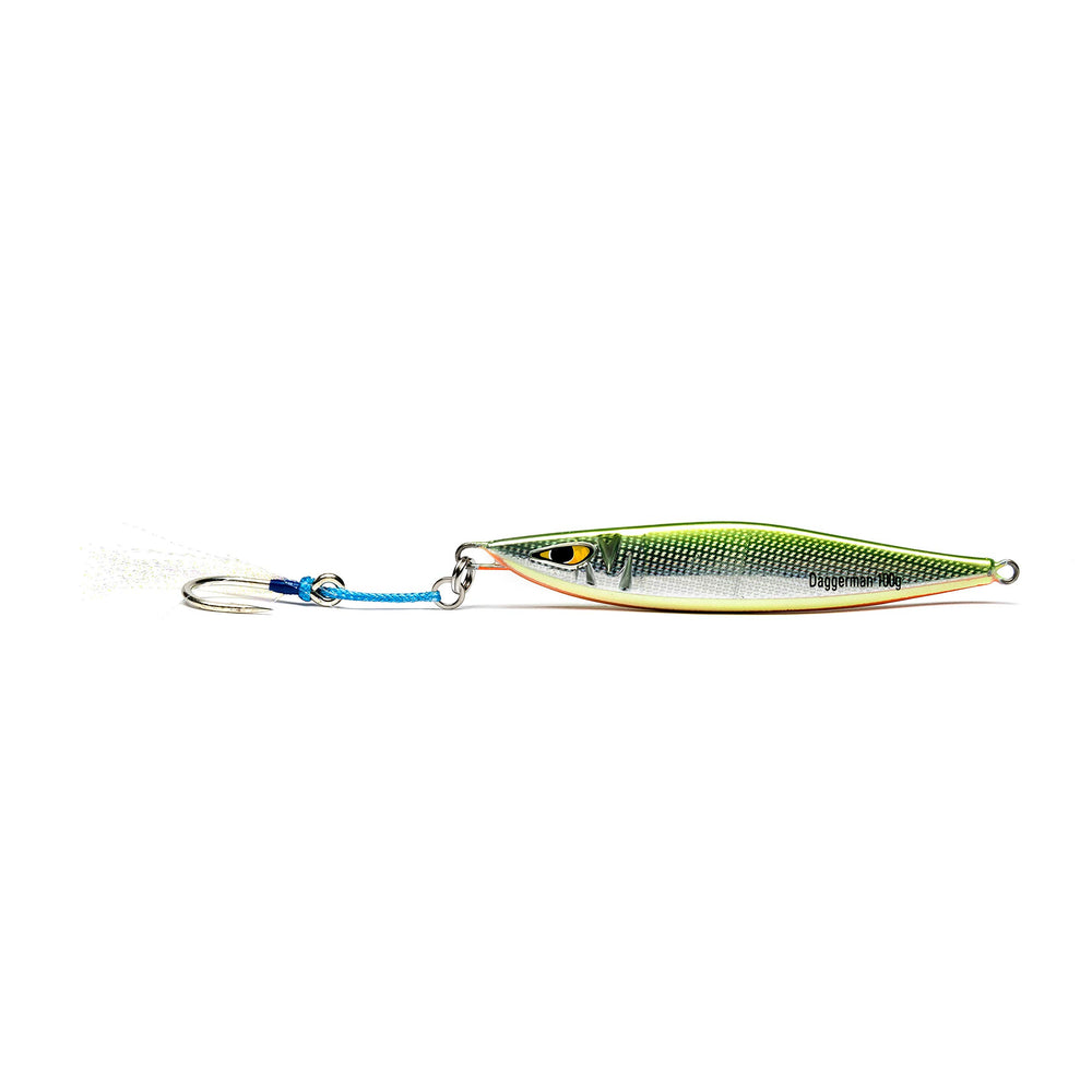 Mustad Daggerman Jig 240g Yellow Candy, front view, ideal for targeting amberjack and tuna.