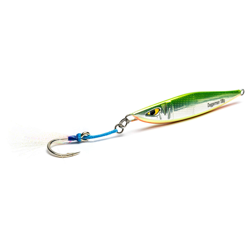 Mustad Daggerman Jig 240g Yellow Candy, side view, promotes precise vertical jigging through water.