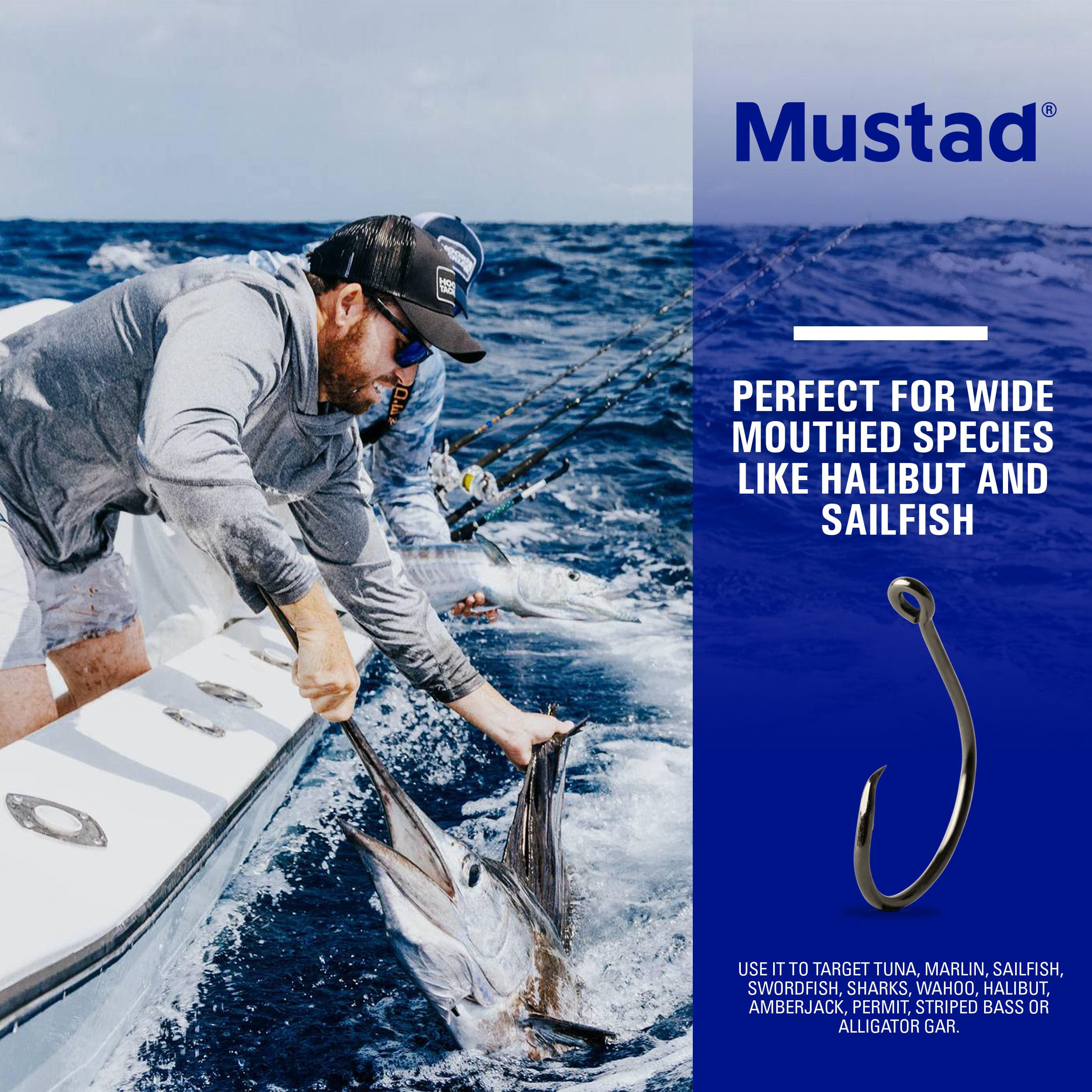 Left-offset kirbed point on Mustad Demon offset circle hooks in black nickel.