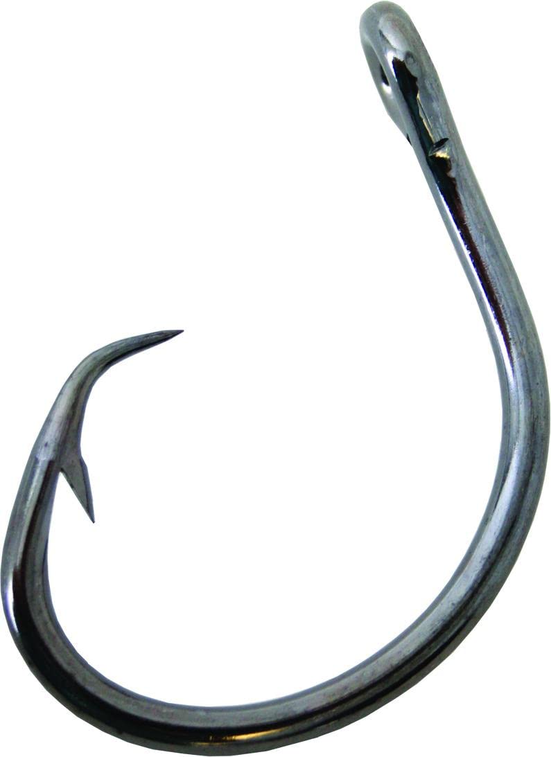 Mustad Demon Perfect Inline Circle Hook 39950NP 11/0 pack close-up, highlighting strength and corrosion resistance for all waters.