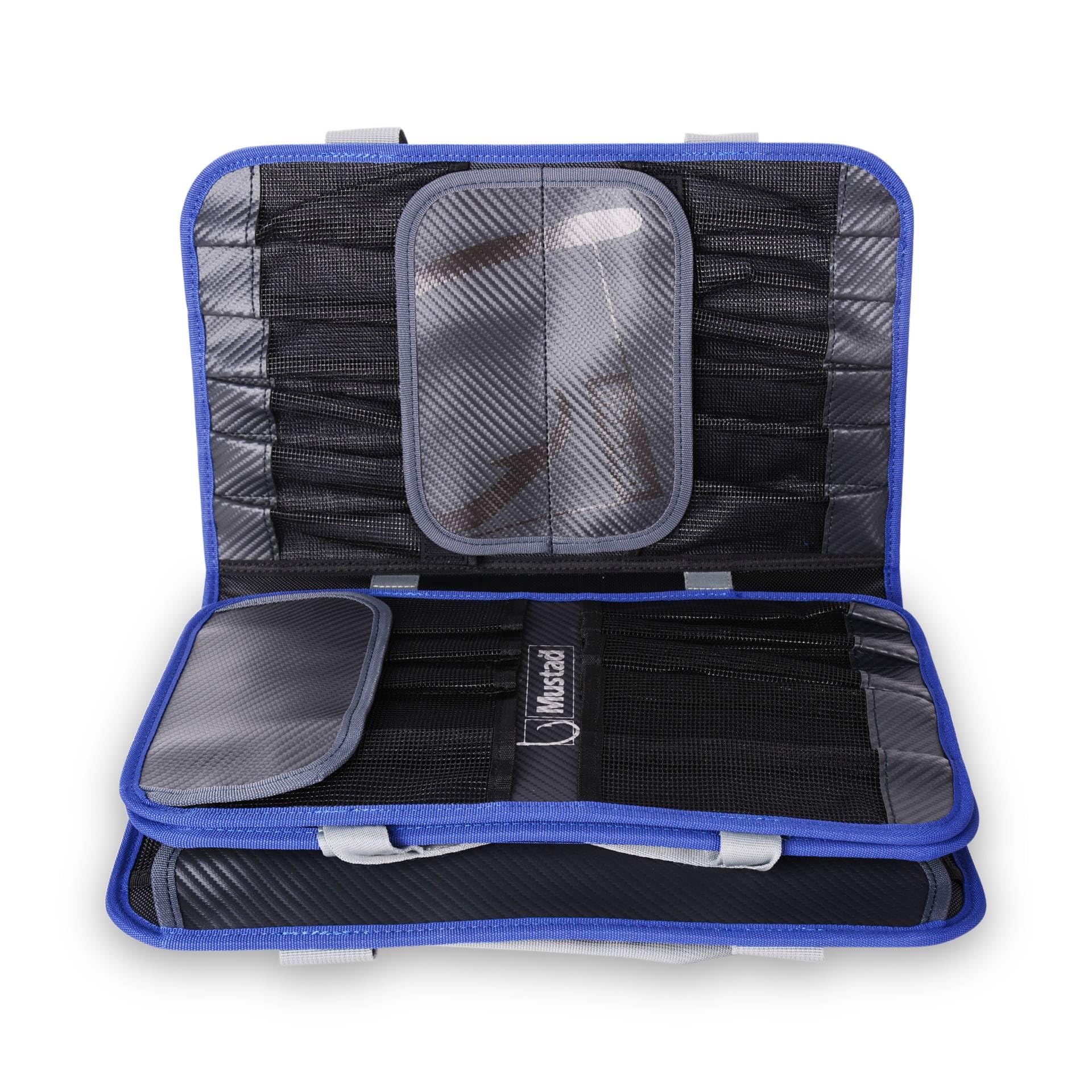 Mustad Jig Bag close-up of click-lock strap closure keeping contents secure.
