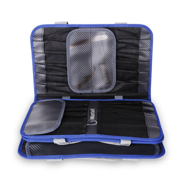 Mustad Jig Bag close-up of click-lock strap closure keeping contents secure.