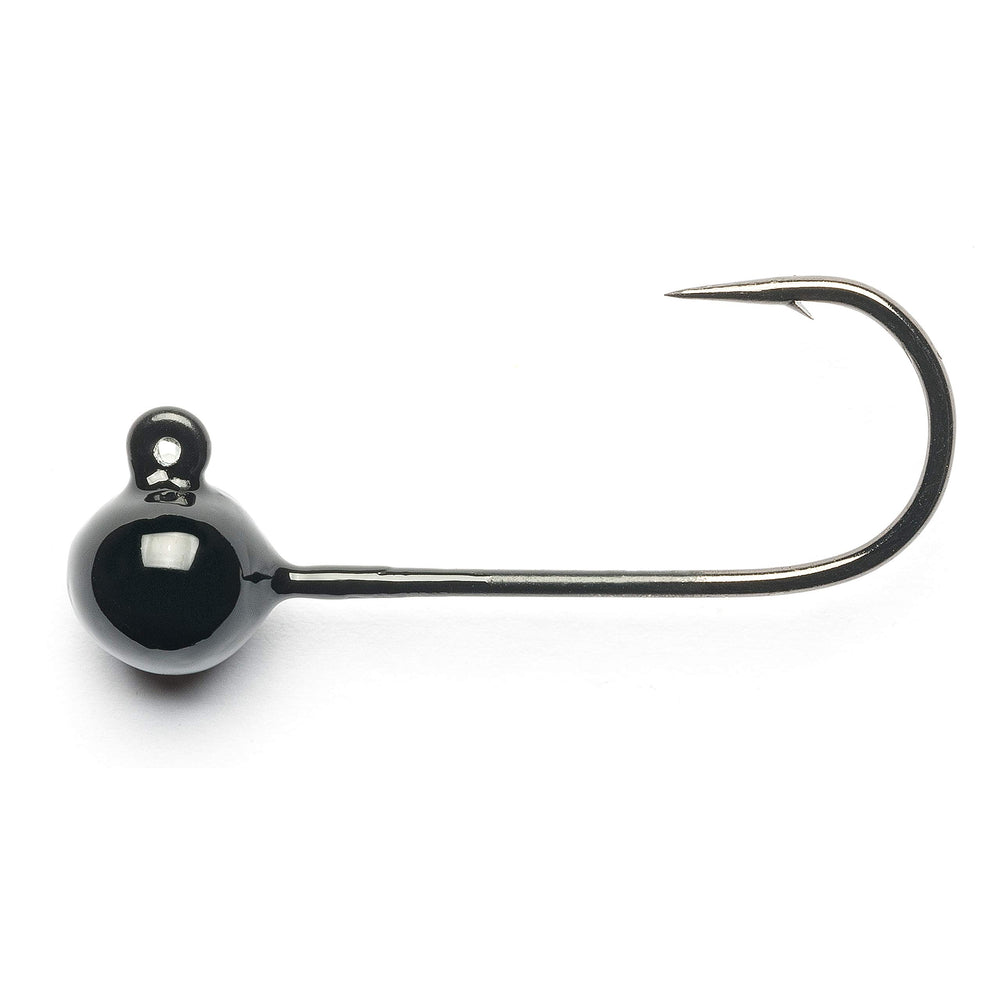 Mustad jig head black 1/16oz close-up shows ultr-point precision for clean hook sets.