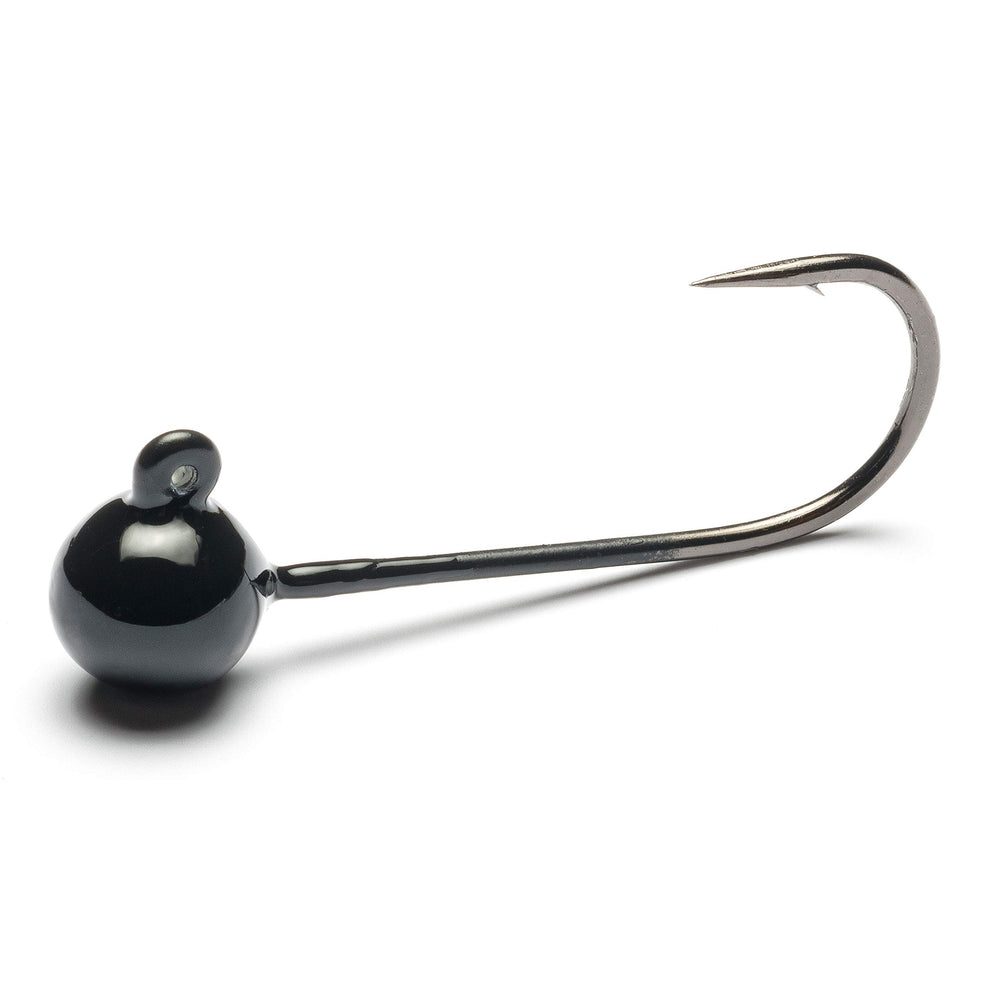 Mustad jig head black 1/16oz needle-point view highlights Opti-Angle point for fast penetration.
