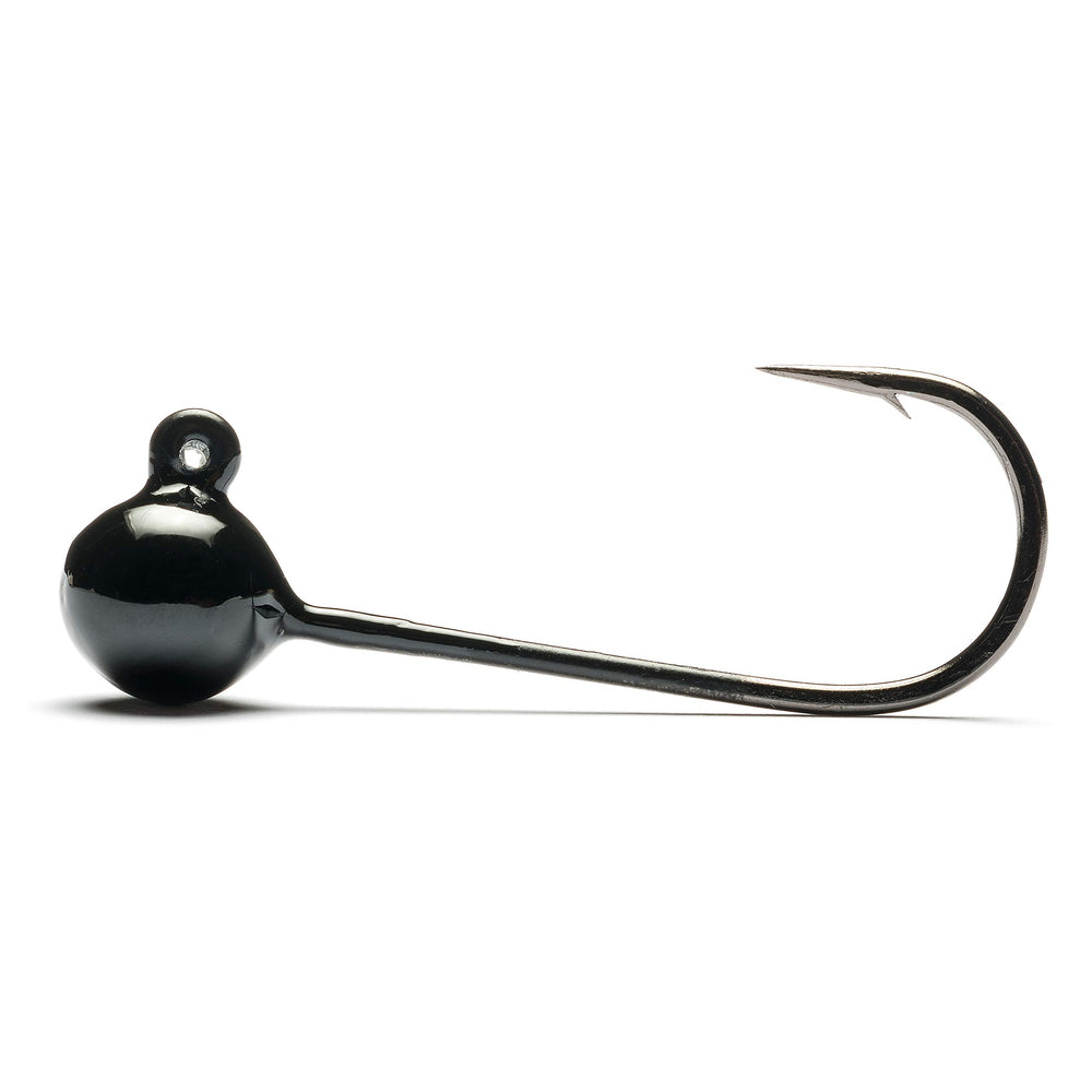 Mustad jig head black 1/16oz in action with trout demonstrates durable 2X strength.