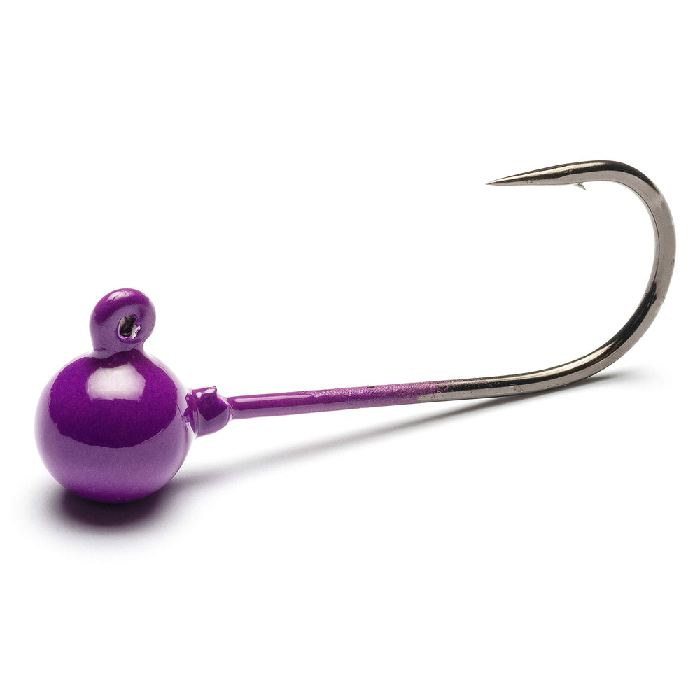Mustad jig head purple 1/16oz packshot shows four-piece set ready for trips.