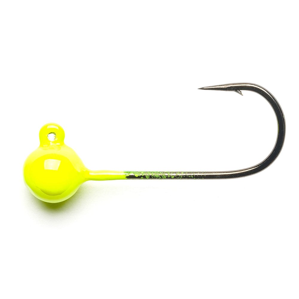 Mustad jig head UV Chartreuse 1/4oz close-up showing precision hooks for confident casts