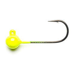 Mustad jig head UV Chartreuse 1/4oz close-up showing precision hooks for confident casts