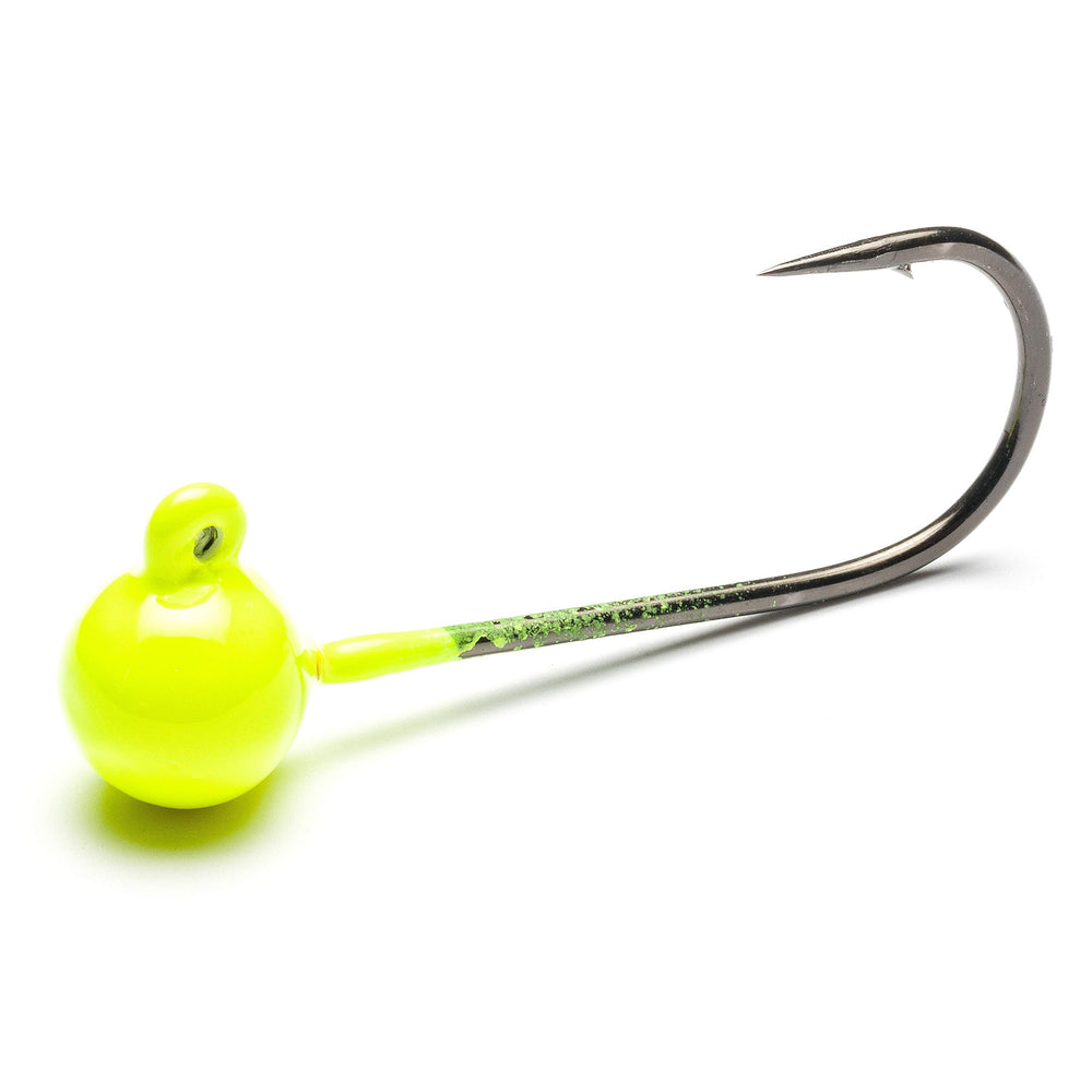 Mustad jig head UV Chartreuse 1/4oz full view highlighting balance and strength