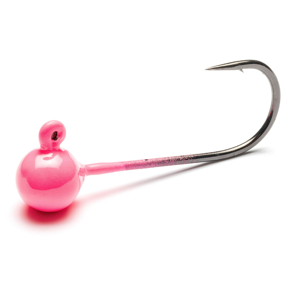 Mustad jig head UV hot pink 1/16oz angled view showing balanced design for steady casts.