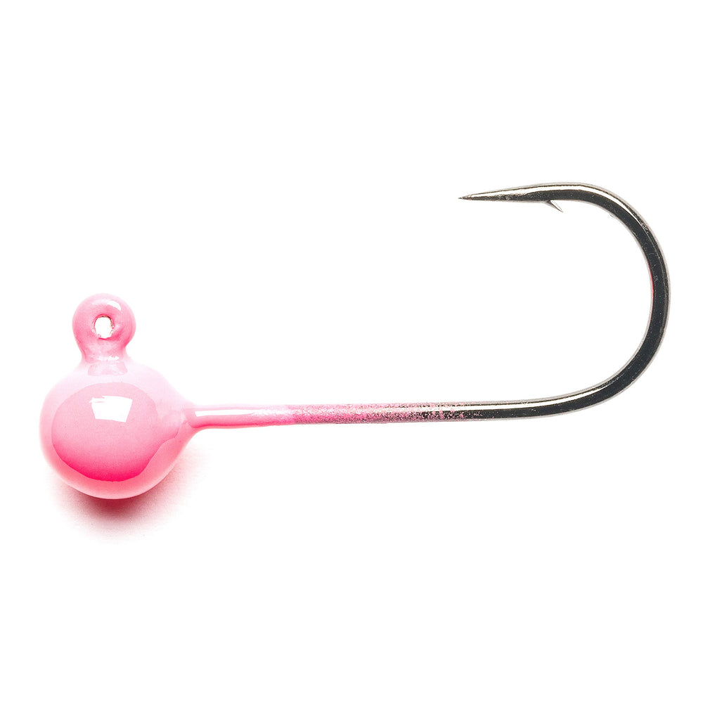 Mustad jig head UV hot pink 1/16oz with black nickel finish for durability.