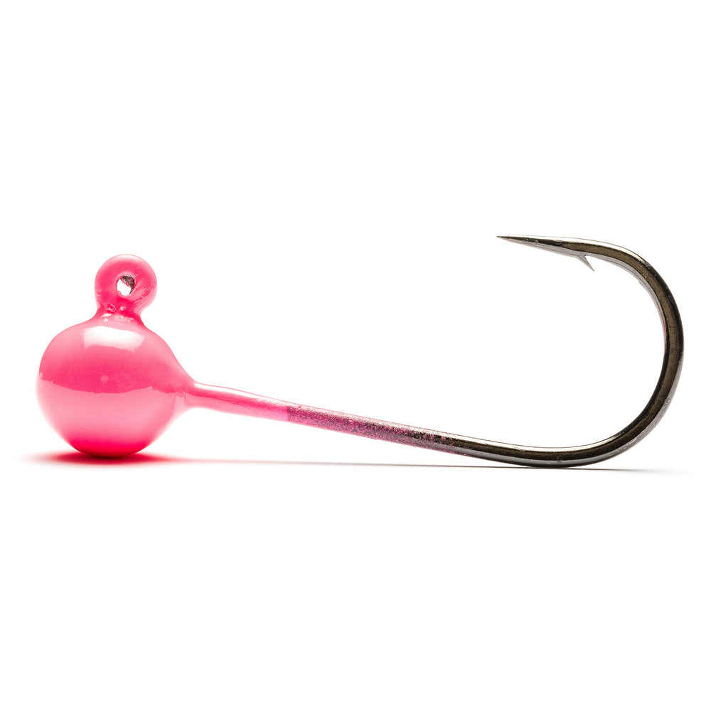 Mustad jig head UV hot pink 1/16oz with UltraPoint for reliable hookups.