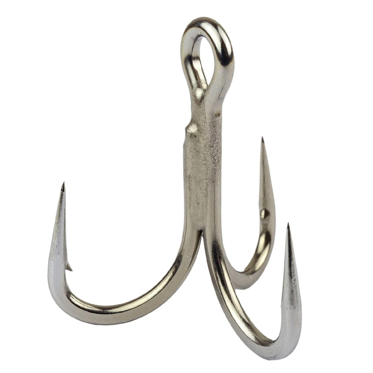 Mustad JL74NP Jolock inline treble hook front view showing three hooks and gunmetal finish
