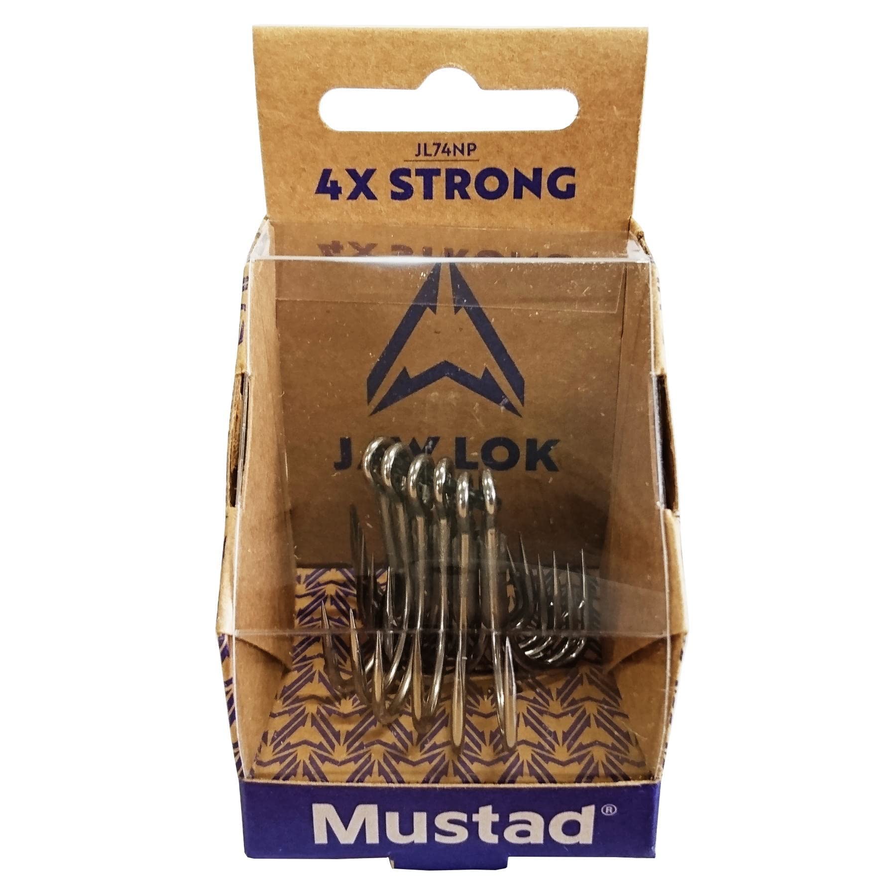 Mustad JL74NP Jolock inline treble hook side view highlighting compact profile and robust construction