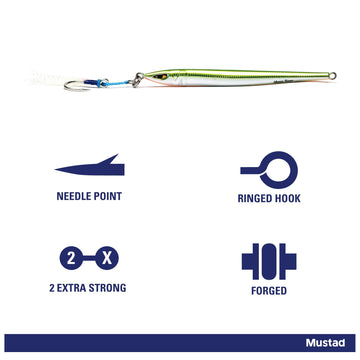 Mustad Moon Riser Jig Yellow Candy 150g hook detail highlights Ultrapoint precision for confident hookups.