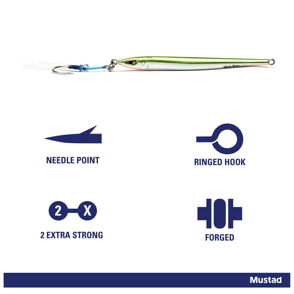 Mustad Moon Riser Jig Yellow Candy 150g hook detail highlights Ultrapoint precision for confident hookups.