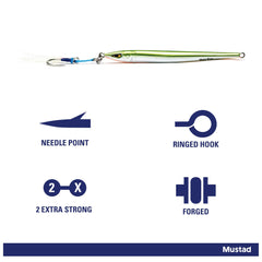 Mustad Moon Riser Jig Yellow Candy 150g hook detail highlights Ultrapoint precision for confident hookups.