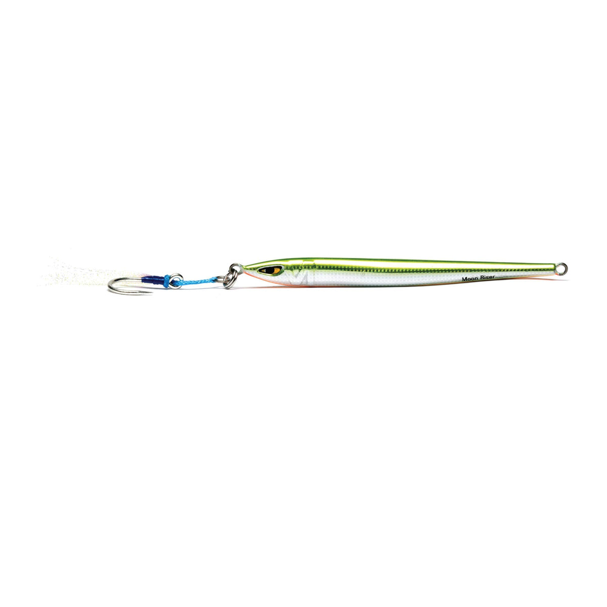 Mustad Moon Riser Jig Yellow Candy 150g side view shows front-weight design for stable jigging.