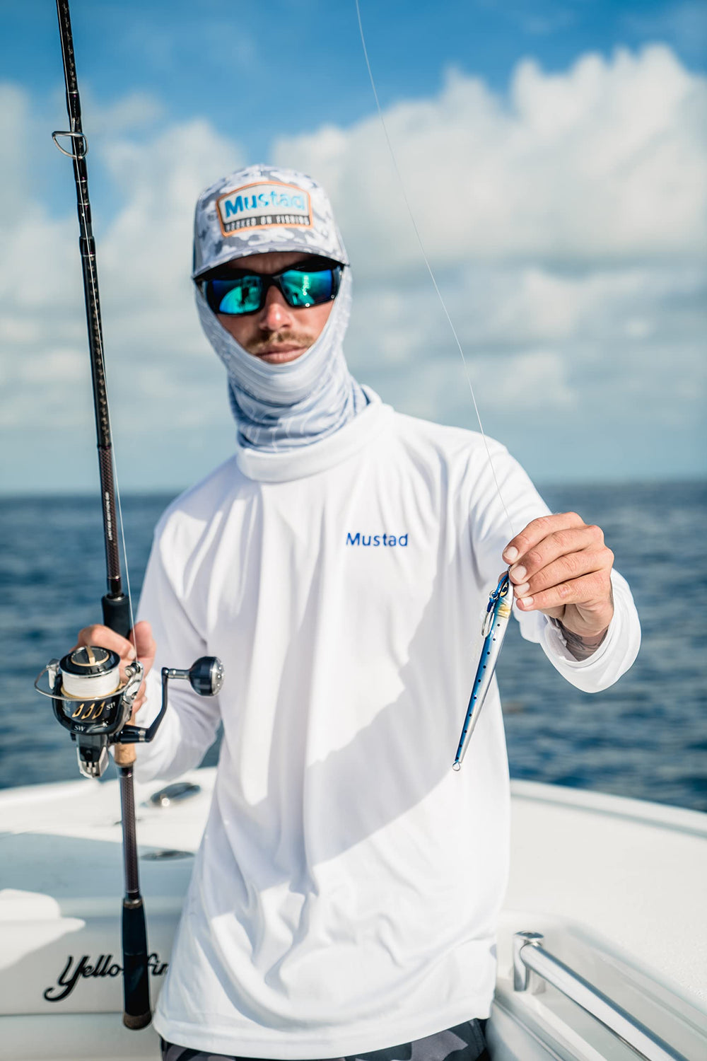 Mustad Moon Riser Jig chrome closeup emphasizes full chrome finish for high visibility.