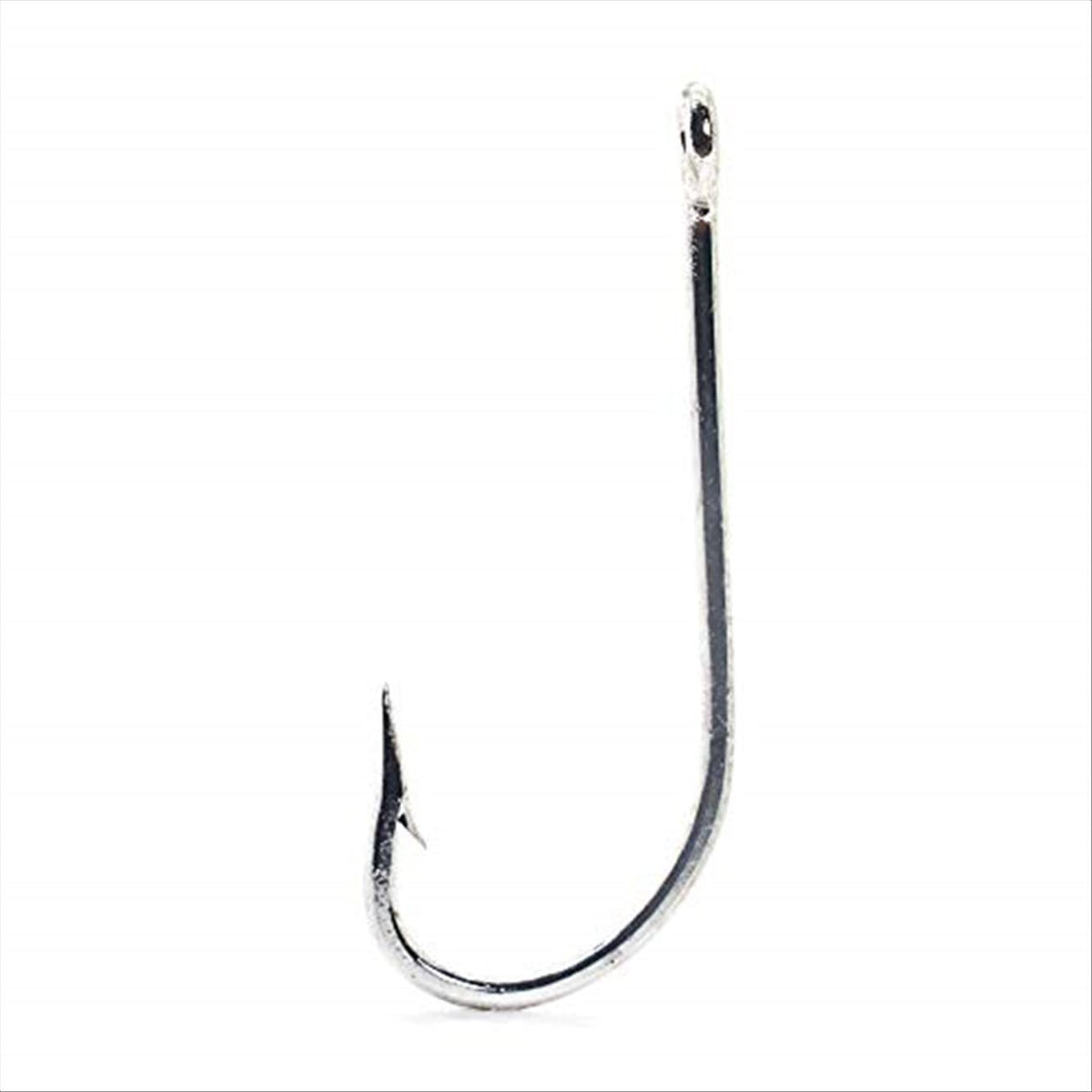 Mustad O'Shaughnessy Forged Duratin 9/0 hook close-up showing durable, lightweight design.