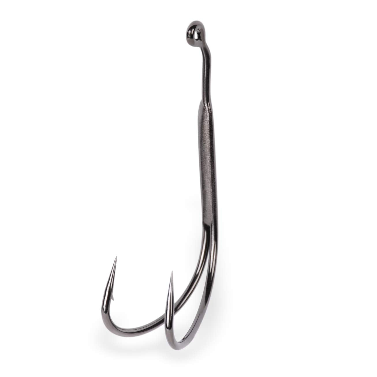 Mustad Plastic 1X Frog Double hook with 28° wide gap for weedless topwater bass fishing.