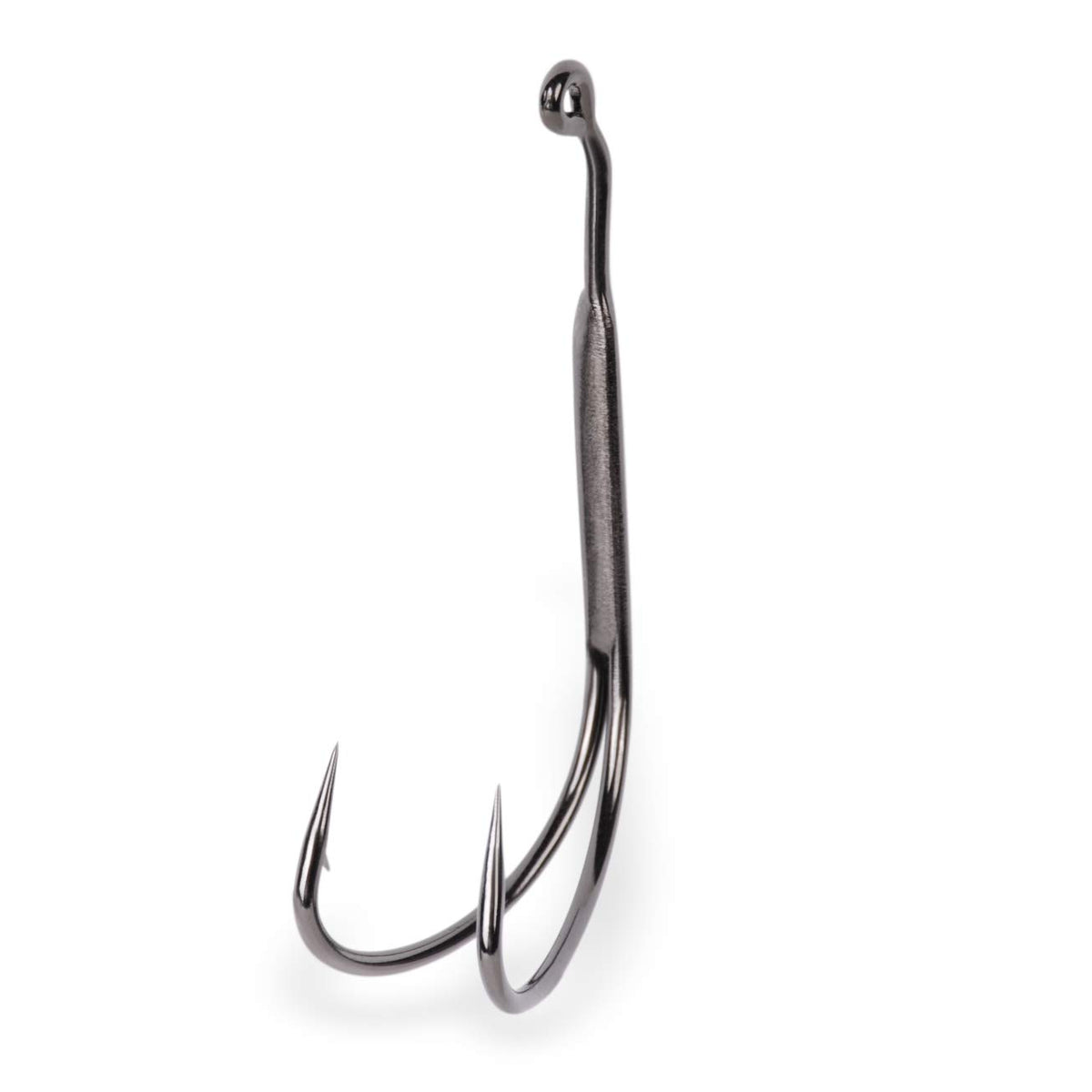 Mustad Plastic 1X Frog Double hook with 28° wide gap for weedless topwater bass fishing.