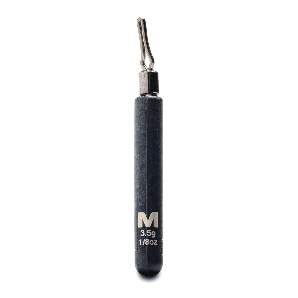 Mustad Skinny Drop Shot Weight 1/8oz side view shows a slim design reducing line visibility.
