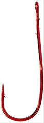 Mustad Slow Death Aberdeen Hook with bent shank in red for targeting walleye and panfish at slow speeds