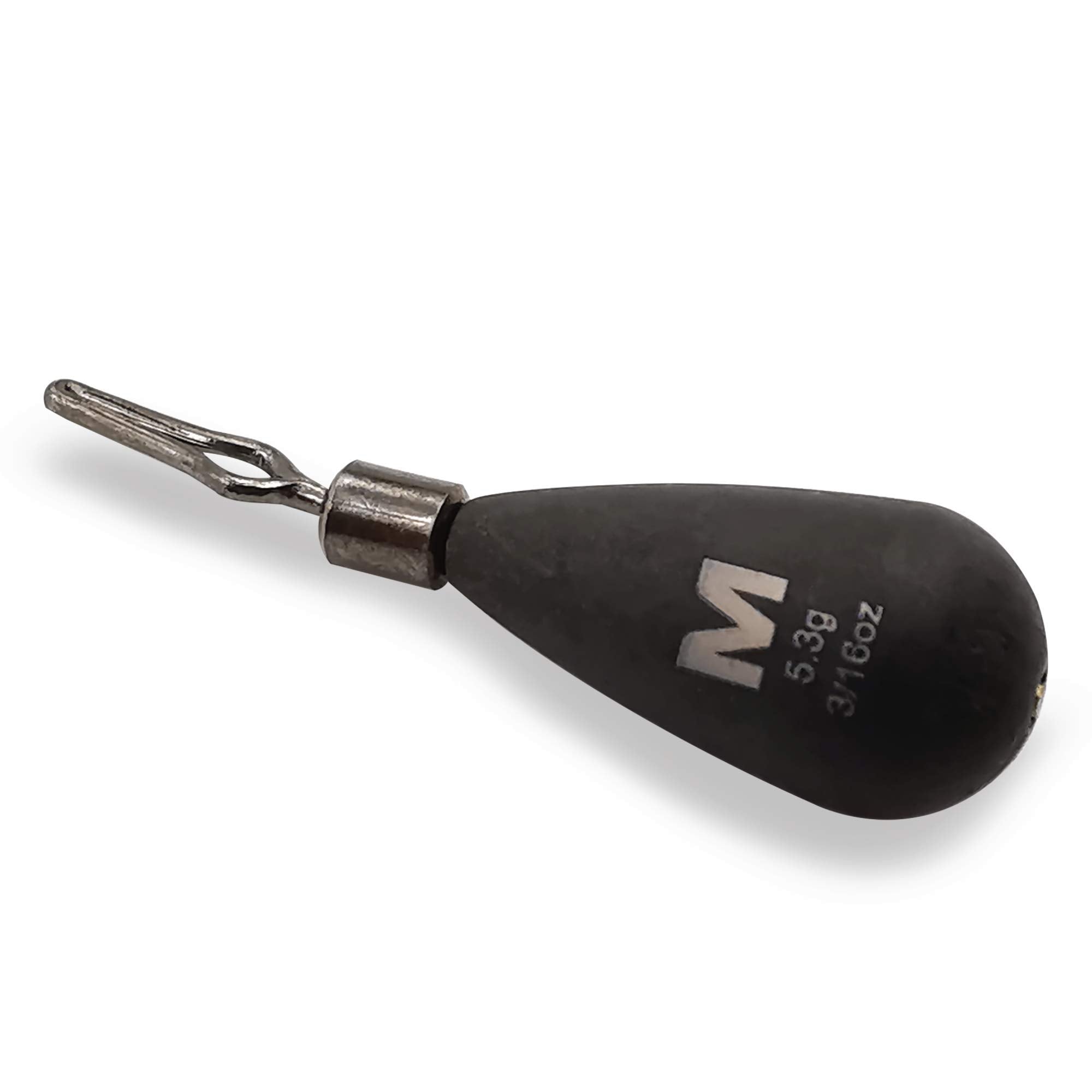 Mustad teardrop drop shot weight 3/16oz close-up, durable tungsten for bass fishing.