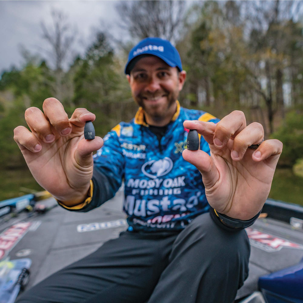 Mustad teardrop weight side view highlights rugged tungsten durability for long days of fishing.