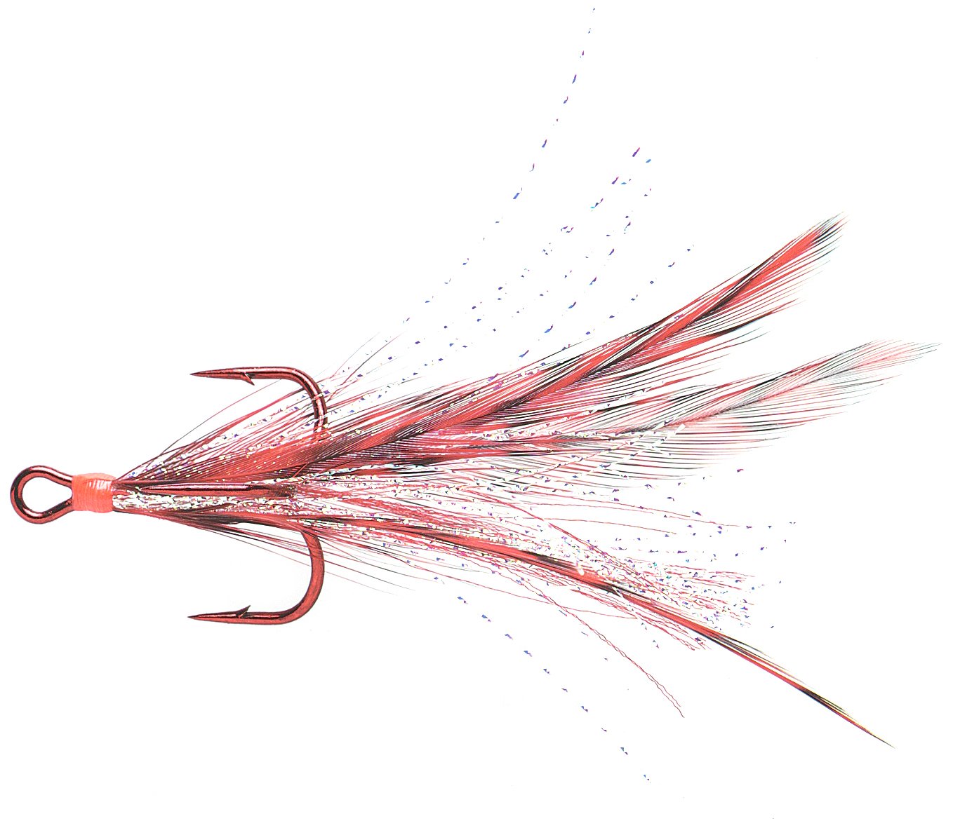 Mustad Ultra Point dressed round-bend treble hook with red feathers, ideal for lifelike topwater presentations.