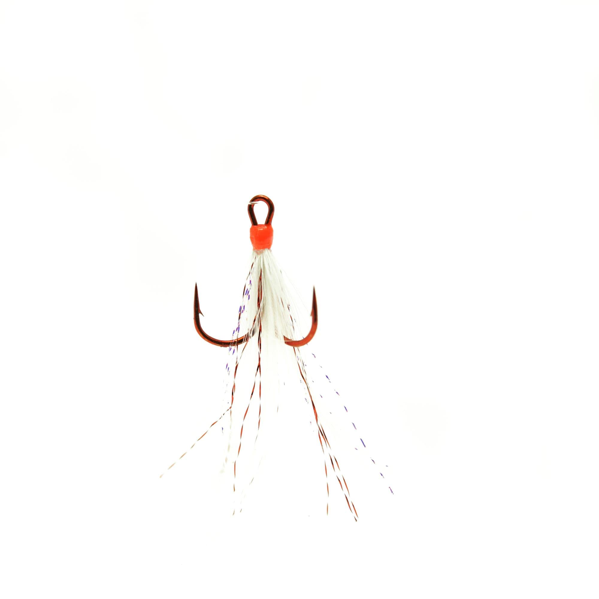 Mustad Ultra Point dressed round bend treble hook with red hook and white feathers for enhanced lure action.
