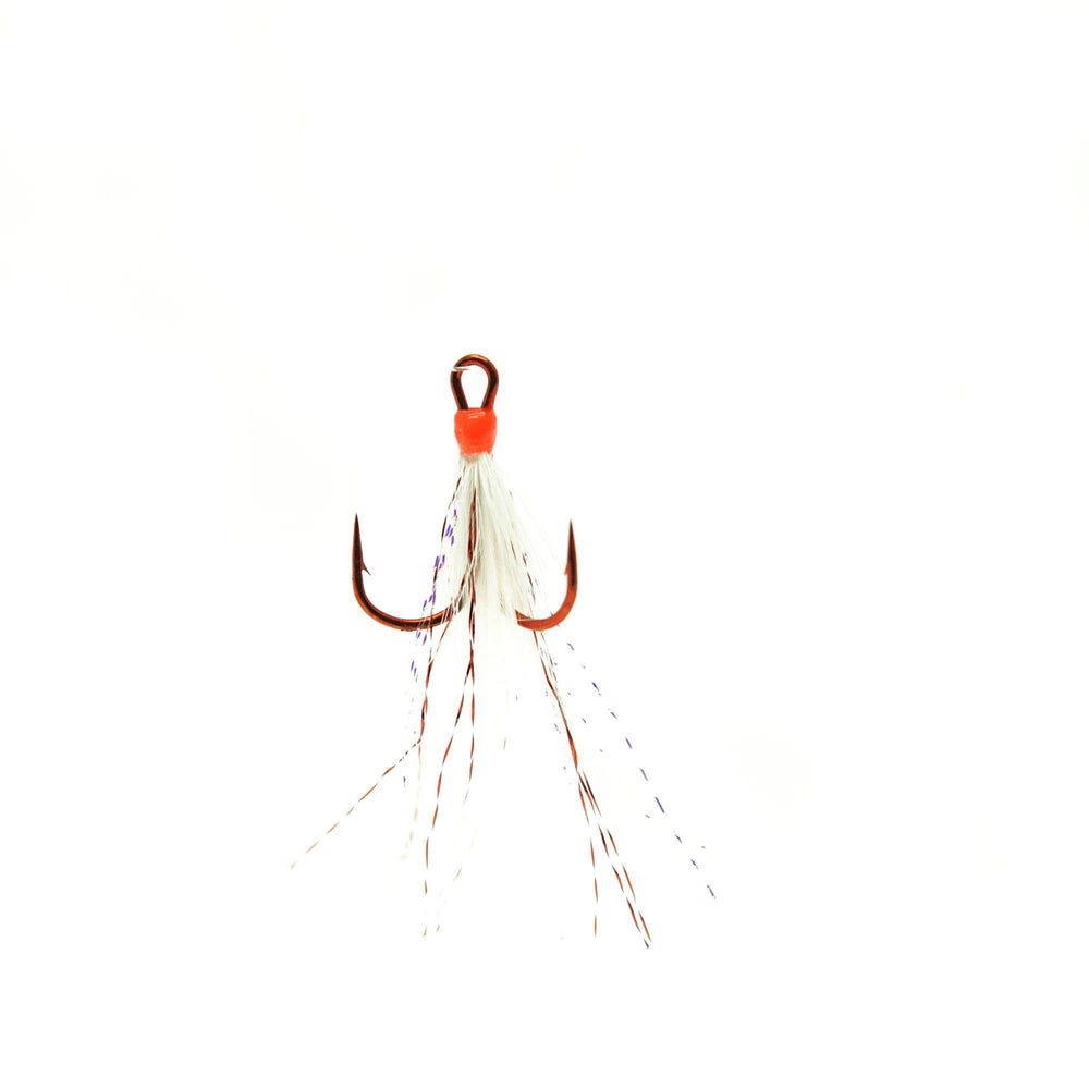 Mustad Ultra Point dressed round bend treble hook with red hook and white feathers for enhanced lure action.