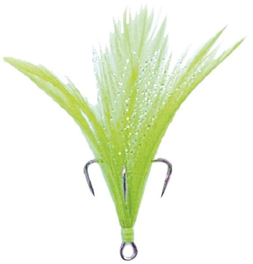 Mustad Ultra Point dressed triple treble hook with white/chartreuse feathers for lifelike lure action.