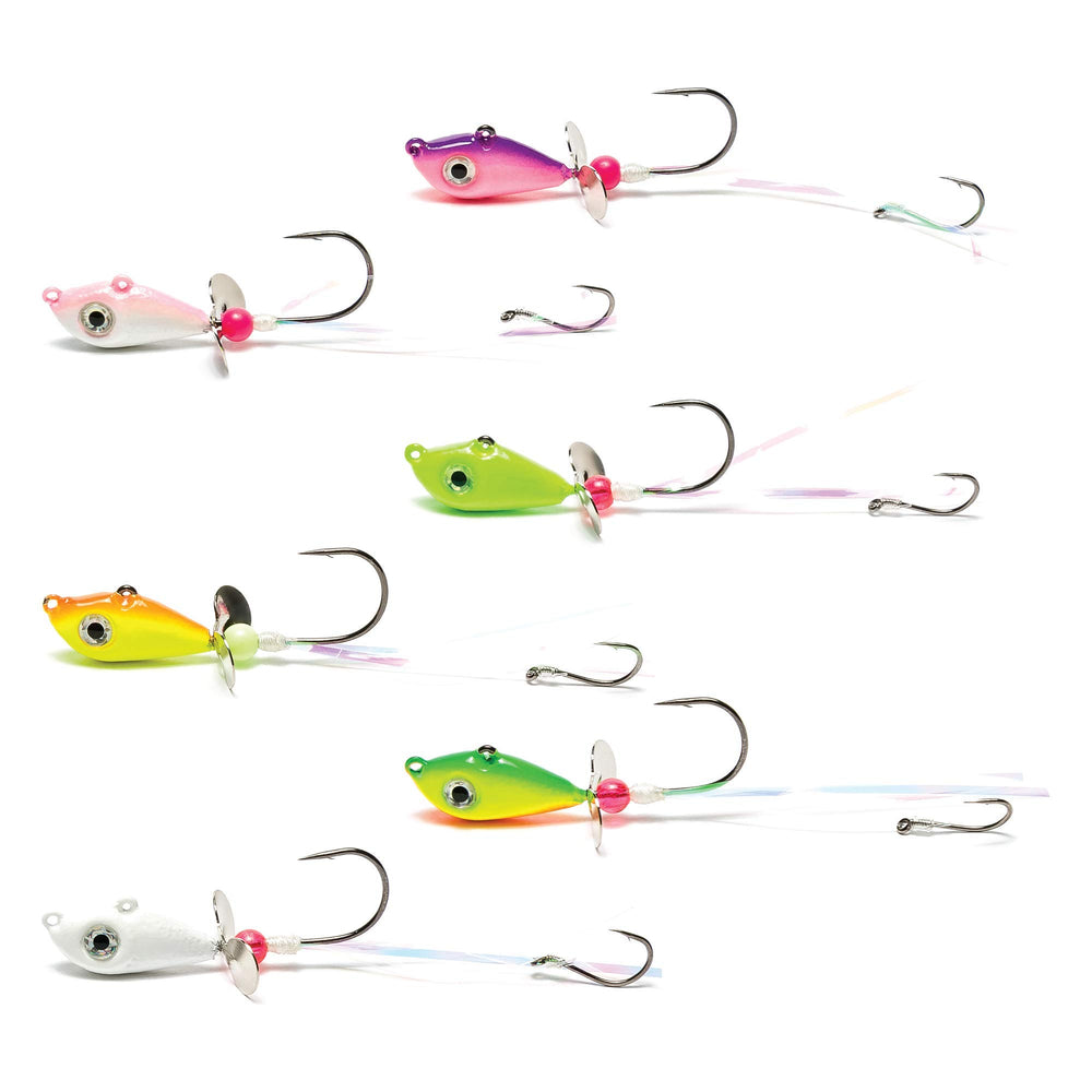 Mustad Walleye Death Spinner orange-chartreuse 1/2oz beads provide extra attraction and motion