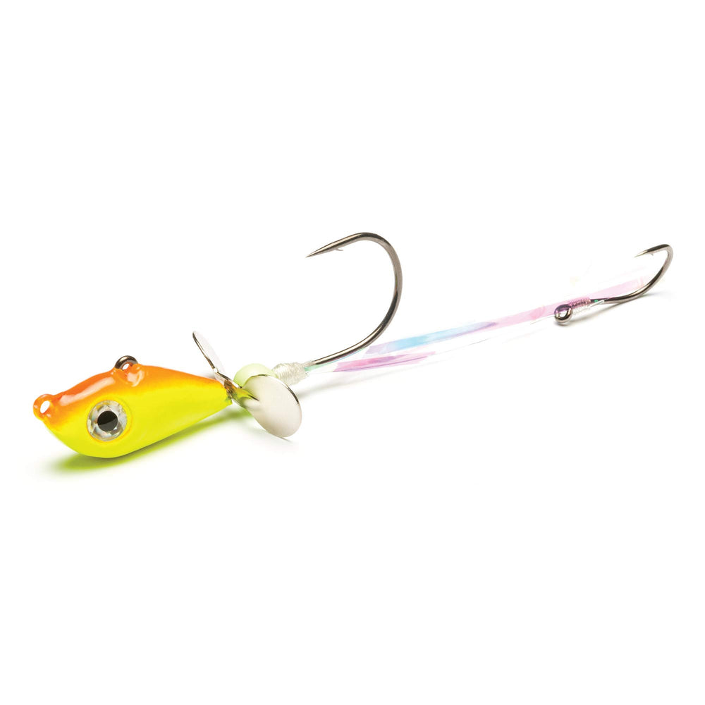 Mustad Walleye Death Spinner orange-chartreuse 1/2oz body boosts visibility in low light